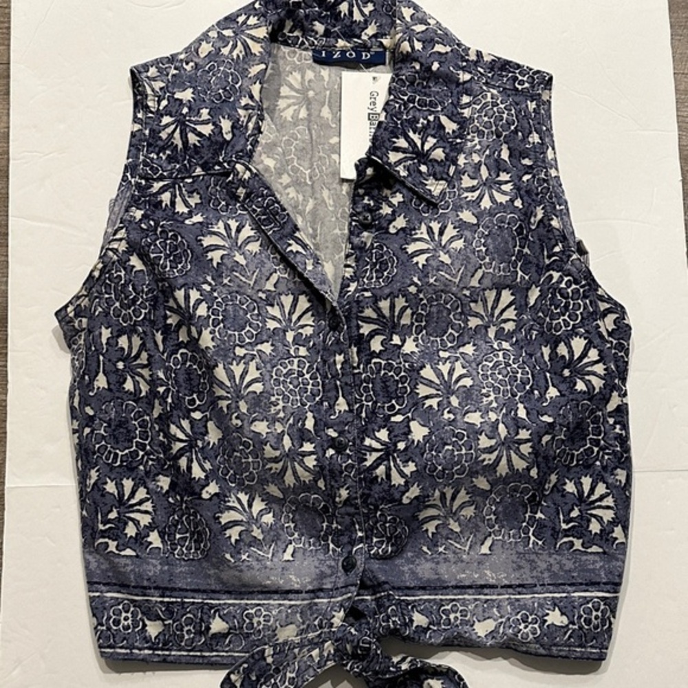 Izod  Navy Floral Tie-Front Cotton sleeveless Blouse Size 8